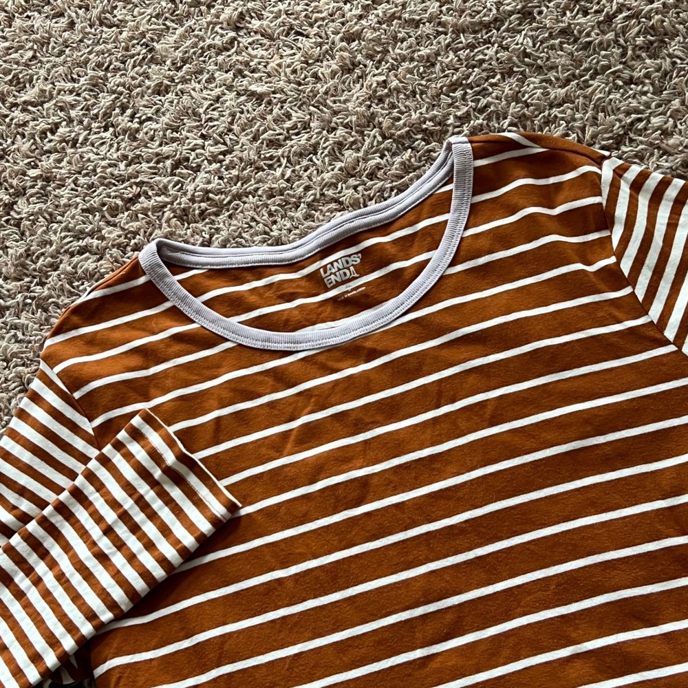Lands End Womens XL Long Sleeve Striped T-Shirt Burnt Orange White Crew Neck